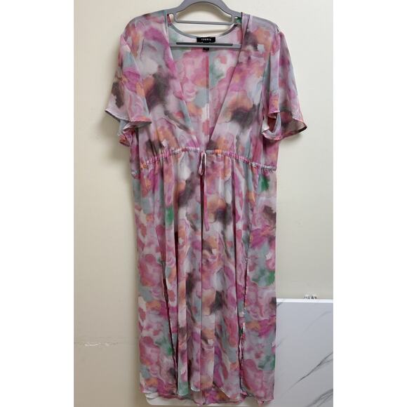 Torrid Sheer Watercolor Swim Cover-Up Size 0 Open Front Tie Waist Maxi - Picture 1 of 4
